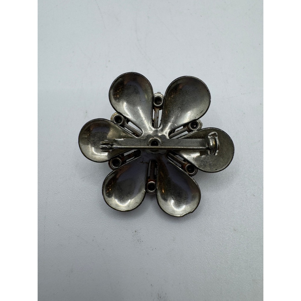 Vintage Black Enamel Flower Brooch Aurora Borealis Rhinestone Floral Pin - Picture 2 of 3
